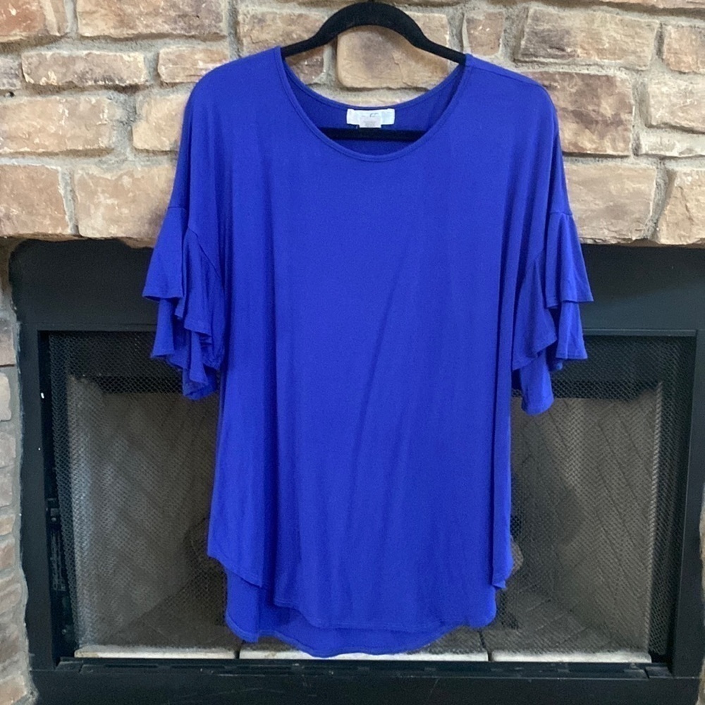 Moa Moa Royal blue high-low top with layered flutter sleeves. Size 1X